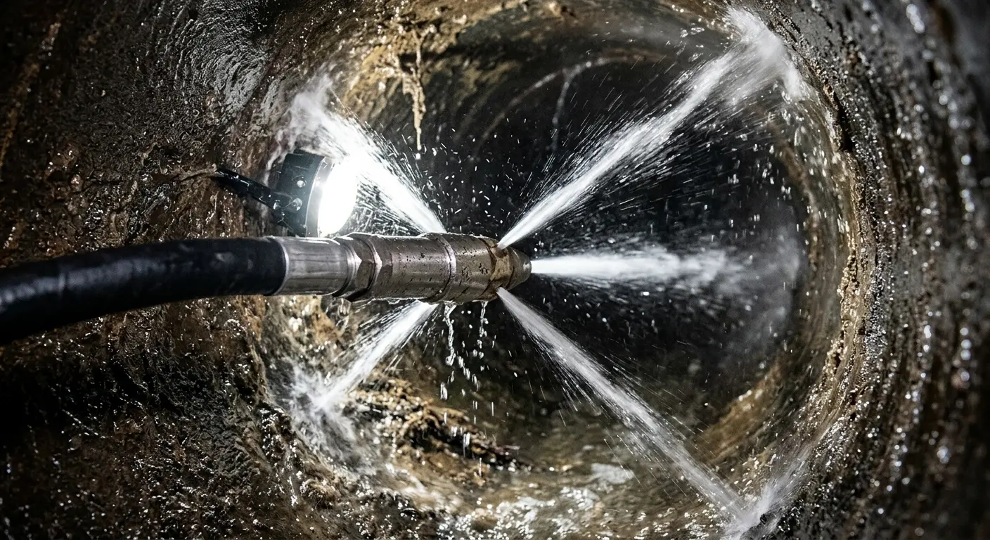 High-pressure hydro jetting nozzle cleaning sewer pipe for Sewer Cleanout in Goshen