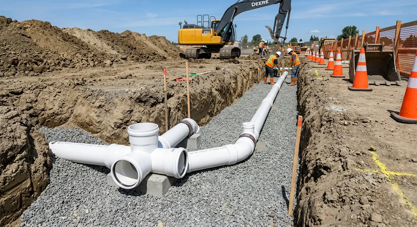 New PVC sewer pipe installation in open trench for Sewer Backup in Goshen