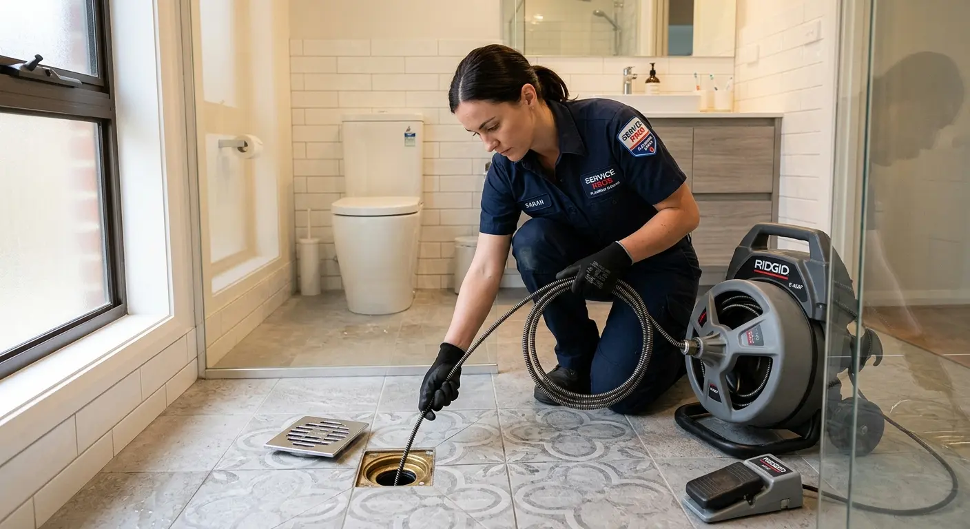 Technician clearing a bathroom floor drain for Sewer Line Replacement in Goshen